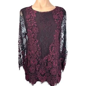 Chico's Blouse Size 1/ M Burgundy Sheer Lace Overlay Long Sleeve Nylon Blend